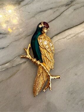 Vintage Gold Parrot Brooch with Green Enamel and Burgundy Head